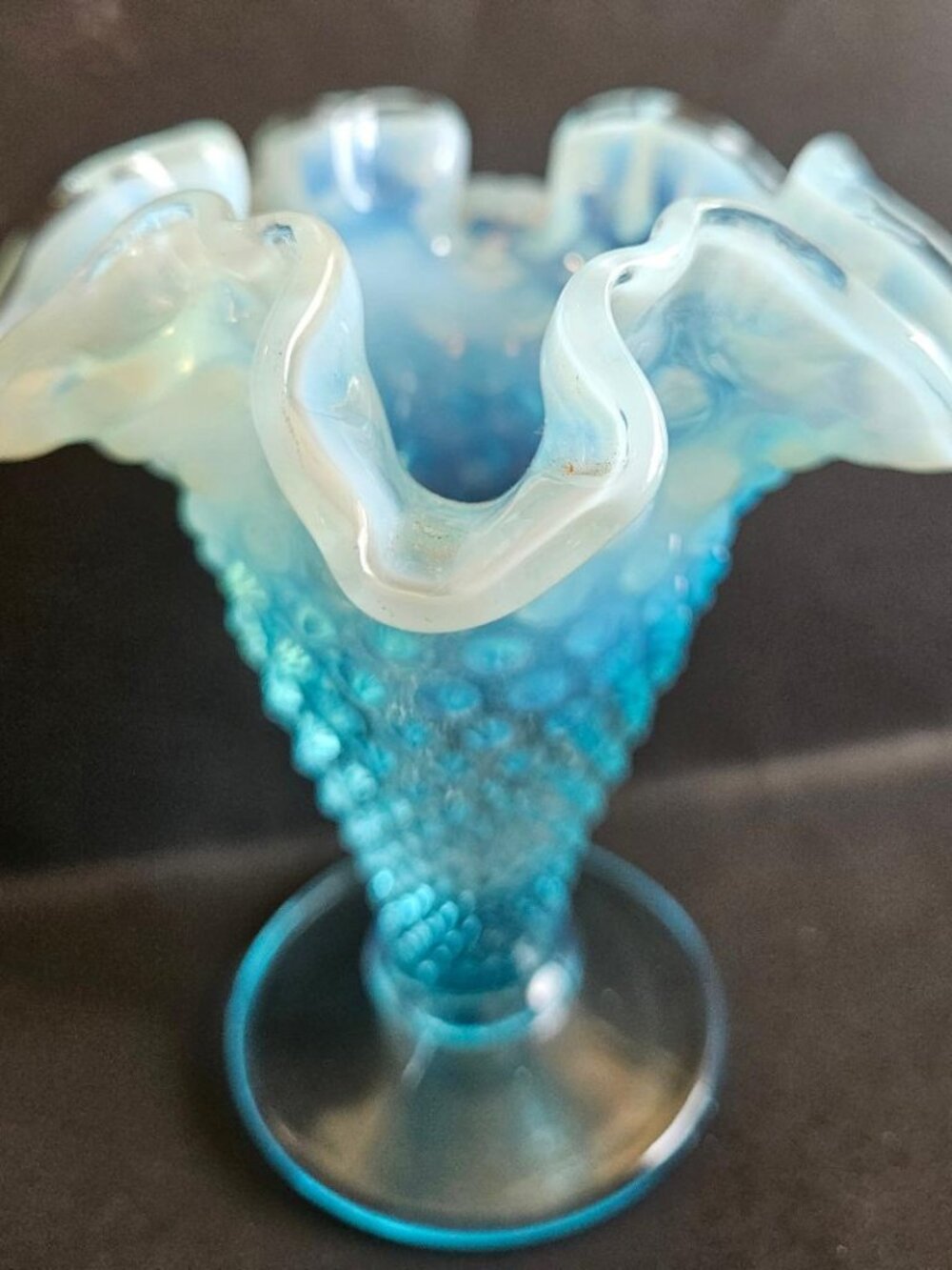 VTG Fenton art glass mini vase, aqua opalescent hobnail, ruffled edge/ 3.5"